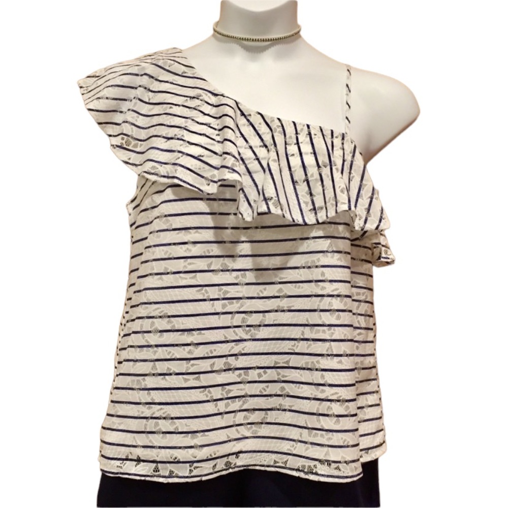 Blu Pepper Asymmetrical Ruffled Striped Lace One Shoulder Top Medium